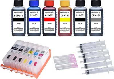 Produktbild von Wiederbefüllbare Tintenpatronen kompatibel mit Canon PGI-550 black und CLI-551 cyan, magenta, yellow, photo-black, gray - 6 Patronen mit Auto-Reset-Chips + 6 x 100 ml  Nachfülltinte für Canon Pixma iP8750, iX6850, MG5450, MG5550, MG6350, MG6450, MG7150, MG7550, MX725, MX925