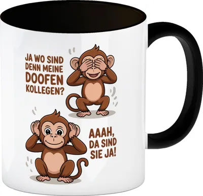 Produktbild von Doofe Kollegen Kaffeebecher in schwarz mit lustigem Affe