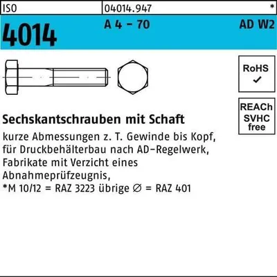 Produktbild von Reyher  Sechskantschrauben ISO4014 A 4-70 M 12x80 AD-W2 (25 Stück)