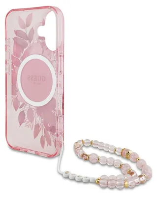 Produktbild von Guess IML Blumen mit Perlenband MagSafe - iPhone 16 Tasche (rosa)