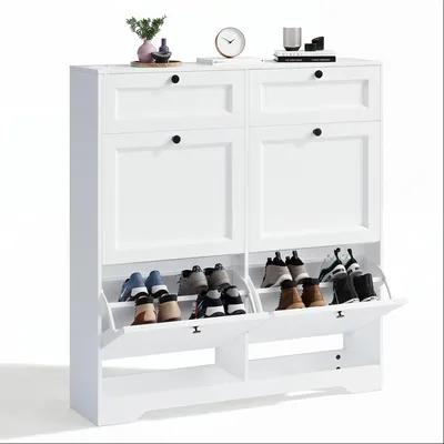 Produktbild von Schuhschrank BEALIFE 95x24x102 cm mit 4 Kippfächern & 2 Schubladen | Kippsicherung, höhenverstellbare Böden | Für Flur | Weiß/Retrobraun | FS59