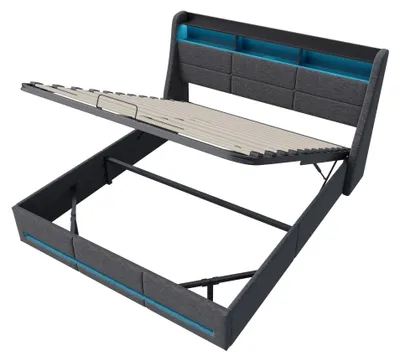 Produktbild von Polsterbett - Doppelbett 160×200 cm - LED- & USB-Kopfteil - Hydraulischer Bettkasten - Lattenrost - Holzrahmen - Verbundgewebe