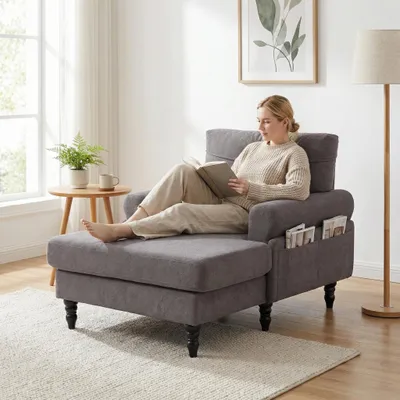 Produktbild von LVHOM Einzelsofa mit Massivholzrahmen, Relaxsessel Chenille Stoff mit Seitentaschen, Chaiselongue Fernsehsessel Schlafsessel, 97x86x125,5cm, Grau