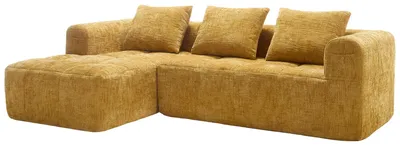 Imagen del producto de Sofá de esquina de 3 plazas en tela de chenilla color amarillo, sin necesidad de montaje, con chaise longue y bolsillos laterales