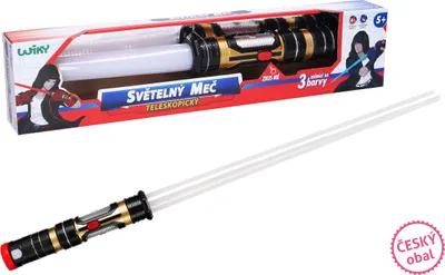A toy lightsaber in its packaging and also displayed outside of the packaging.