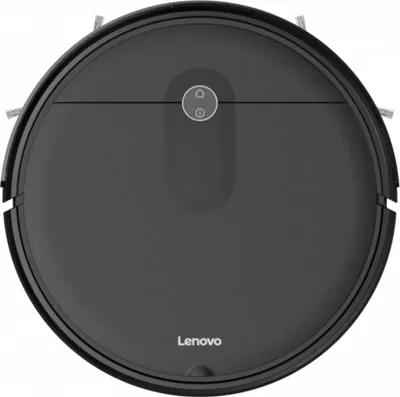 A top-down view of a black robot vacuum cleaner.