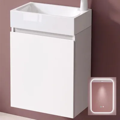 Produktbild von doporro Badmöbelset Waschbecken-Unterschrank für Gäste-WC 46cm in Weiß Design Waschplatz Wandmontage inkl. LED-Spiegel Pisa02