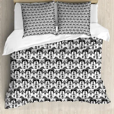 Zdjęcie produktu dla ABAKUHAUS nordycki zestaw pościeli, szwedzka sztuka ludowa z sylwetkami koni dalekarlijskich i artystycznymi motywami kwiatowymi, 155 x 220 cm + 80 x 80 cm, czarno-biały