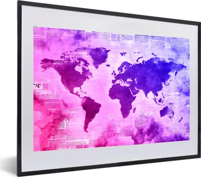 Produktbild von MuchoWow® MuchoWow® Gerahmtes Poster Weltkarte - Rosa - Blau 60x40 cm - Poster mit zchwarzem Bilderrahmen - Schlafzimmer - Plakat in Rahmen - Drucken
