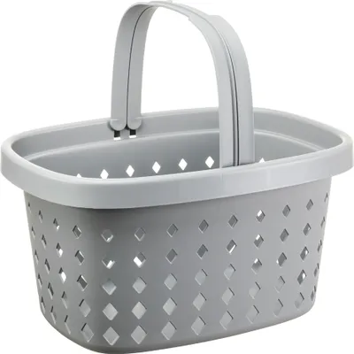 A product shot of a gray plastic shopping basket with a handle, shown against a white background.