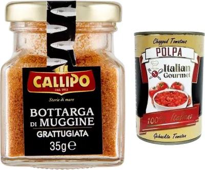 Produktbild von Callipo Bottarga Di Muggine Grattugiata,Geriebener Meeräsche Bottarga,Meeräschenrogen 96%,Glas 35g + Italian Gourmet Polpa di Pomodoro 400g Dose