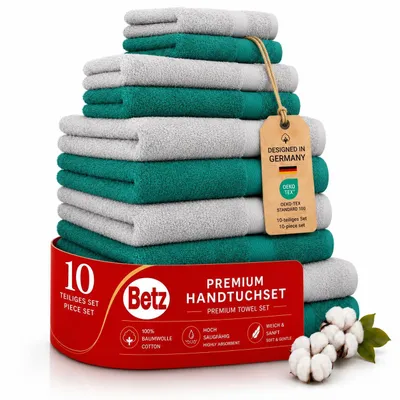 Produktbild von Betz Premium Classic Frottier Handtuch-Set 10-teilig - 2X Liegetücher - 4X Handtücher - 2X Gästetücher - 2X Seiftücher - smaragdgrün und silbergrau