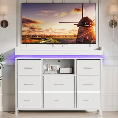 Obrázek produktu pro Komoda Moonbite RGB LED 108 cm s 8 látkovými zásuvkami a dobíjecí stanicí, bílá