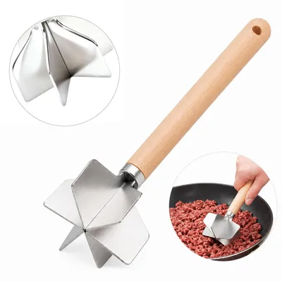 Produktbild von 304 Edelstahl Fleischzerkleinerer mit 6 Klingen & Holzgriff, Ground Beef Chopper & Kartoffelstampfer 28 cm