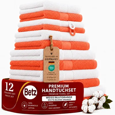 Produktbild von Betz 12-tlg. Handtuch-Set PREMIUM 2 Duschtücher 4 Handtücher 2 Gästetücher 2 Seiftücher 2 Waschhandschuhe  Farbe: weiss / blutorange