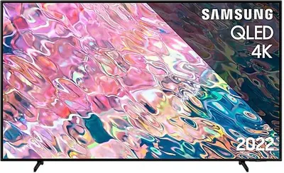 A Samsung QLED 4K TV from 2022 is displayed with a colorful abstract image on its screen.
