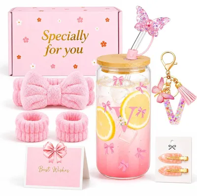 Produktbild von Geschenkset Mädchen Teenager mit Initiale Trinkglas Schlüsselanhänger Haarband Spangen Grußkarte