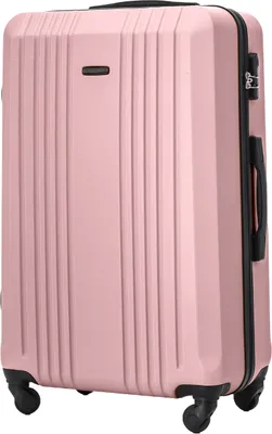A pink suitcase is shown from the front.