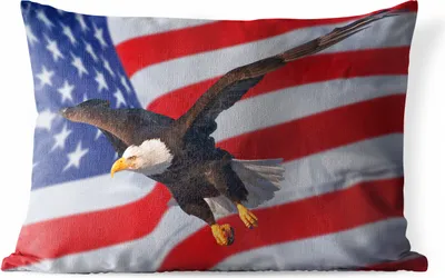 Produktbild von MuchoWow® Outdoor Kissen - Amerikanischer Weißkopfseeadler vor der amerikanischen Flagge - 50x30 cm - Wetterfest - Lounge Kissen - Sofa kissen - Wohnzimmer Dekoration