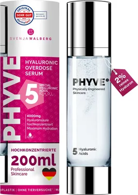 Produktbild von Hyaluron Serum hochdosiert PHYVE 200 ml, VEGANES Feuchtigkeitsserum für das Gesicht,  GERMANY, mit 2% reinem hochkonzentrierter HYALURONIC OVERDOSE BOOSTER by Svenja Walberg
