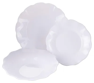 Immagine prodotto di Villa d'Este Home Services, set di piatti a forma di conchiglia, vetro opalino bianco, 18 pezzi / 6 persone - 6 piatti piani, 6 piatti da colazione e 6 piatti fondi