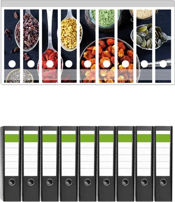 Produktbild von Wallario 9 Stück breite Ordner inkl. Klebeetiketten mit Motive Gesunde Superfoods in Töpfen -  Set mit Rückenschildern / Ordnerrücken Stickern