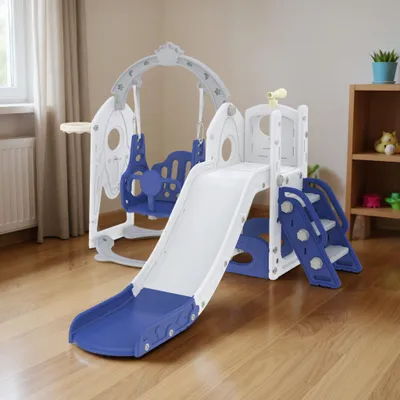 Produktbild von QEENTOE 5-in-1 Kinderrutsche für Kleinkinder, Multifunktionales Spielset mit Schaukel, Rutsche, Basketballkorb, Stauraum, Kletterleiter