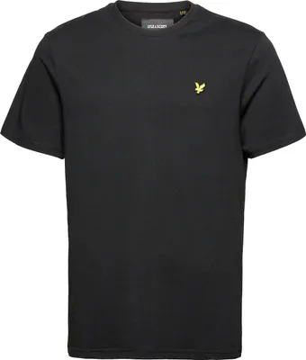 A black t-shirt with a small yellow logo on the chest.