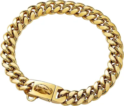 Produktbild von Goldenes Hundehalsband mit sicherer Schnalle und Ice-Out-Zirkonia-Steinen, 33 Karat Metall, Edelstahl, kubanische Gliederkette, 25,4 cm, Gold