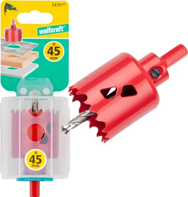 Zdjęcie produktu dla wolfcraft GmbH 5470000, Pojedyńczy, Wiertarka, Płyty gipsowo-kartonowe, Metale nieżelazne, Plastik, Sklejka, Stal, Drewno, Czerwony, Bimetaliczny, Stal szybkotnąca (HHS)