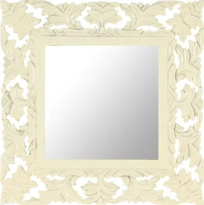 Obrázok produktu pre Ručne vyrezávané zrkadlo biele 50x50 cm masívne mangovníkové drevo