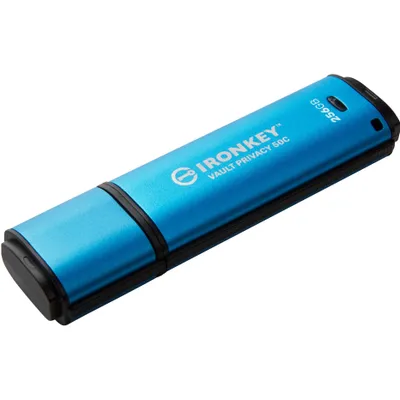 Zdjęcie produktu dla Kingston Technology IronKey 256GB USB-C Vault Privacy 50C szyfrowaniem AES-256, FIPS 197, 256 GB, USB Type-C, 3.2 Gen 1 (3.1 Gen 1), 230 MB/s, Pokrywka, Czarny, Niebieski