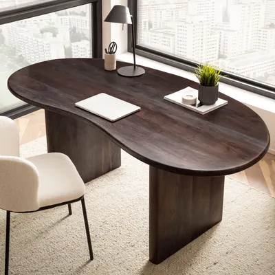 Produktbild von WOHNLING Schreibtisch 180x90x75 cm Akazie Massivholz Computertisch Retro Homeoffice Bürotisch Massiv Nierenform in Dunkelbraun Holztisch Laptoptisch