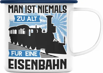 Produktbild von Trendation - Modeleisenbahn Geschenk Emaille Tasse Spruch Geschenk Geschenkidee Opa Rentner Dampflokomotive Eisenbahn Sprüche (Blau)