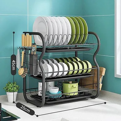 Produktbild von Famanu Abtropfgestell Edelstahl - Abtropfgestell schwarz mit Auffangschale, Besteckhalter, Schneidebrettständer, Becherhalter