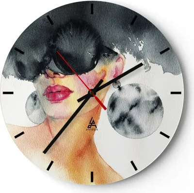 Produktbild von Wanduhr - Rund - Glasuhr - Aquarell Modell Brille - 40x40cm - Schleichendes Uhrwerk - Lautlos - zum Aufhängen bereit - Dekoration Modern - Wanddekoration aus Glas - C3AR40x40-4678