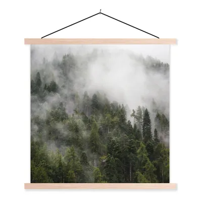 Produktbild von MuchoWow® Textilposter Wald - Nebel - Berg 40x40 cm mit holzfarbenen Rahmen - Posterleiste