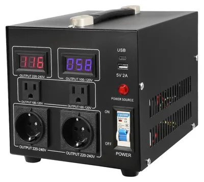 Obrázok produktu pre SucceBuy 2000W menič napätia, transformátor AC 110V ⇌ 220V s 2x americkými zásuvkami NEMA 5-15R (3-kolíkové) a 2x európskymi zásuvkami Schuko, 1x 5V USB port a 1x konektor typu C