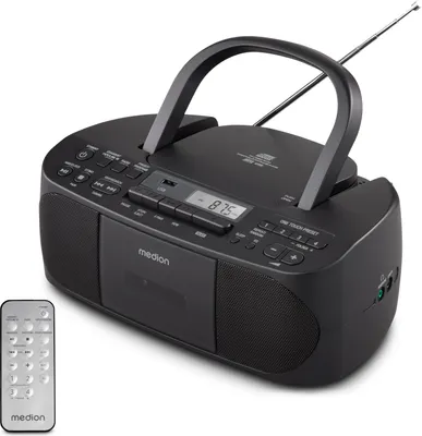 Produktbild von MEDION E65010 Stereoradio (CD-Player, Kassette, USB Anschluss, AUX Audioeingang, MP3-Widergabe. UKW PLL Radio,40 Senderspeicher, Batteriebetrieb, Fernbedienung) schwarz