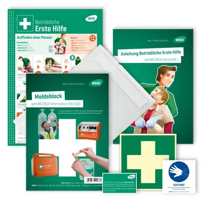 Produktbild von WERO Erste-Hilfe-Set Basis-Set Verbandstelle für Betriebliche Erste Hilfe mit lang nachleuchtenden Rettungszeichen, inkl. Anleitungen & Meldeblock