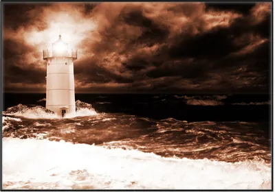 Produktbild von Wallario Wandbild Abstrakter Leuchtturm im Wasser bei stürmischer See, Größe: 70,30 x 100,30 cm, Poster mit schwarzem Aluminiumrahmen