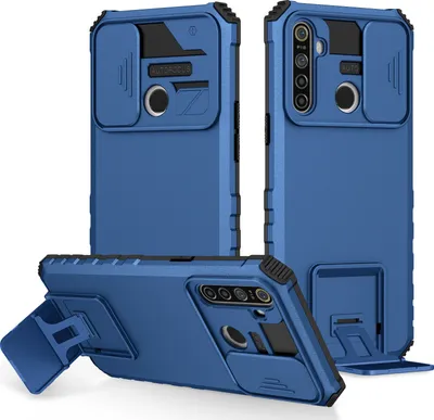 Produktbild von OPPO Realme 5 Hülle, Dual Layer Ständer Schutzhülle mit Schiebe Kamera Schutz für OPPO Realme 5 Blau