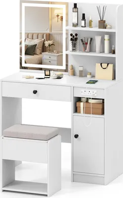 A white vanity table with a mirror and stool, set against a white background.