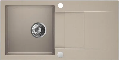 A top-down view of a beige granite kitchen sink with a drainer and a single bowl.