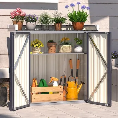 Produktbild von Pflanztisch mit variabel Regalen, wetterfest Gartenschrank, Grau | Metall Gartenaufbewahrung mit Arbeitsplatte für den Außenbereich, 97x34x93cm