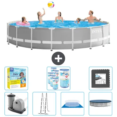 Produktbild von Intex Round Prism Frame Swimming Pool – 548 x 122 cm – Grau – inklusive Pumpe – Leiter – Bodenplane – Abdeckung Wartungspaket - Filter - Bodenfliesen