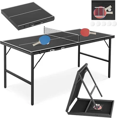 Produktbild von Tischtennisplatte klappbar 153×76 cm Tischtennistisch Mini | 12mm MDF Spielfläche, Komplettset inkl. Schläger, Bälle, Netz, Tasche; klappbar, platzsparend; Indoor Outdoor