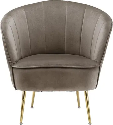 A taupe lounge chair with gold metal legs, presented against a white background.