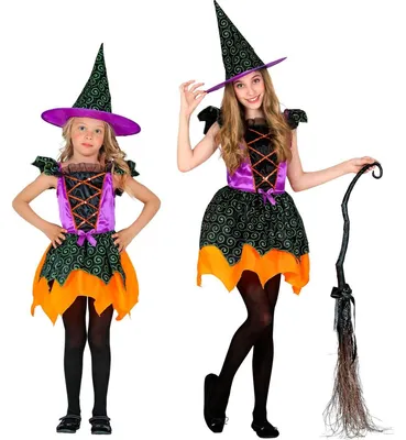 Immagine prodotto di Costume da strega per bambino con cappello arancione taglia 128, 5-7 anni, Widmann