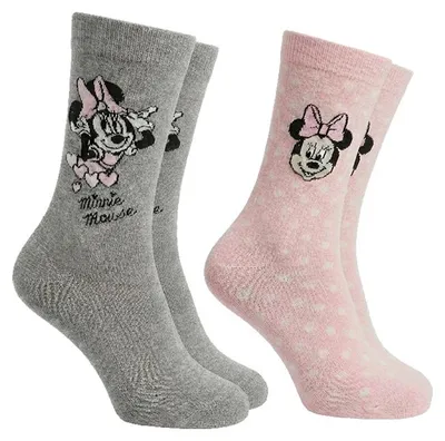 Produktbild von Minnie Mouse Socken Damen 2er Pack Disney Strümpfe grau rosa Motivsocken Größen 35-38 39-42 bequemer Sitz, Größe Socken & Strumpfhosen Erwachsene:39-42